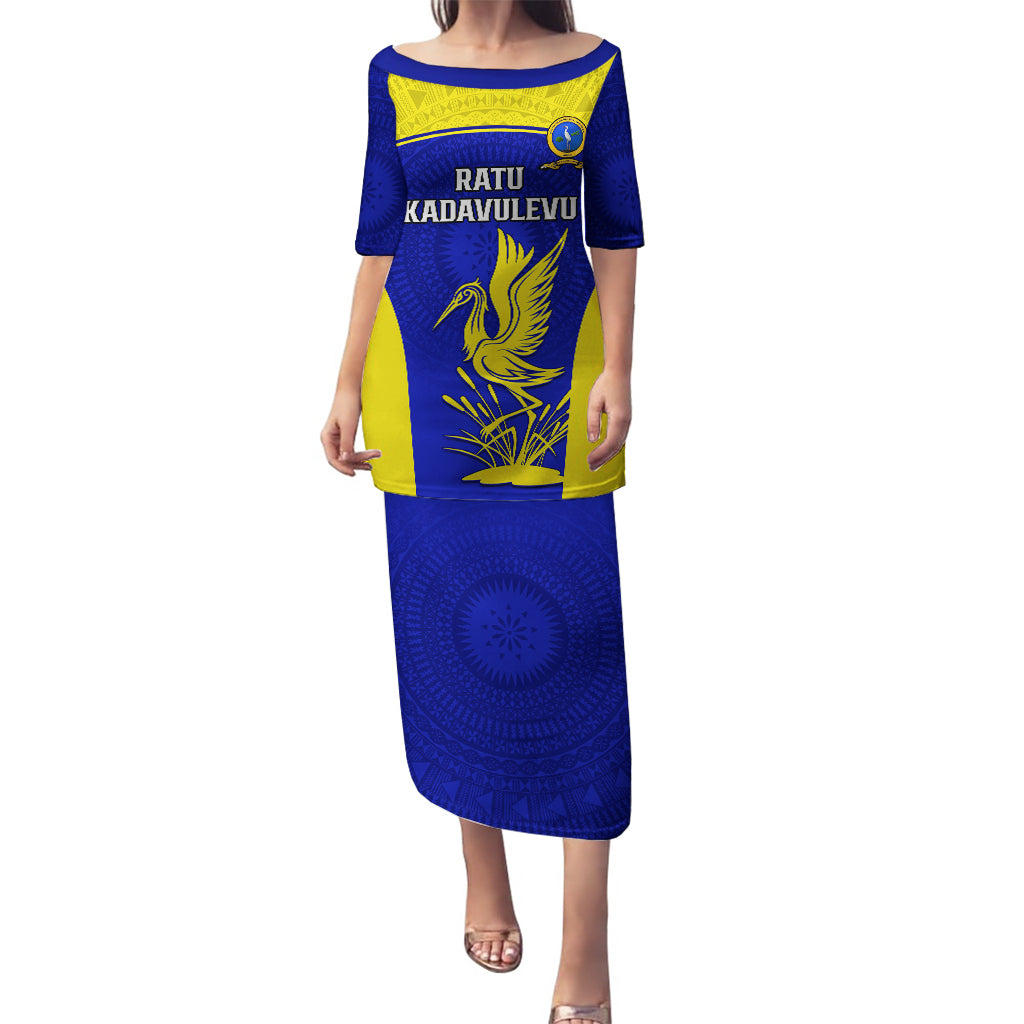 Custom Fiji School Puletasi Ratu Kadavulevu Heron With Fijian Tapa LT14 Long Dress Gold - Polynesian Pride