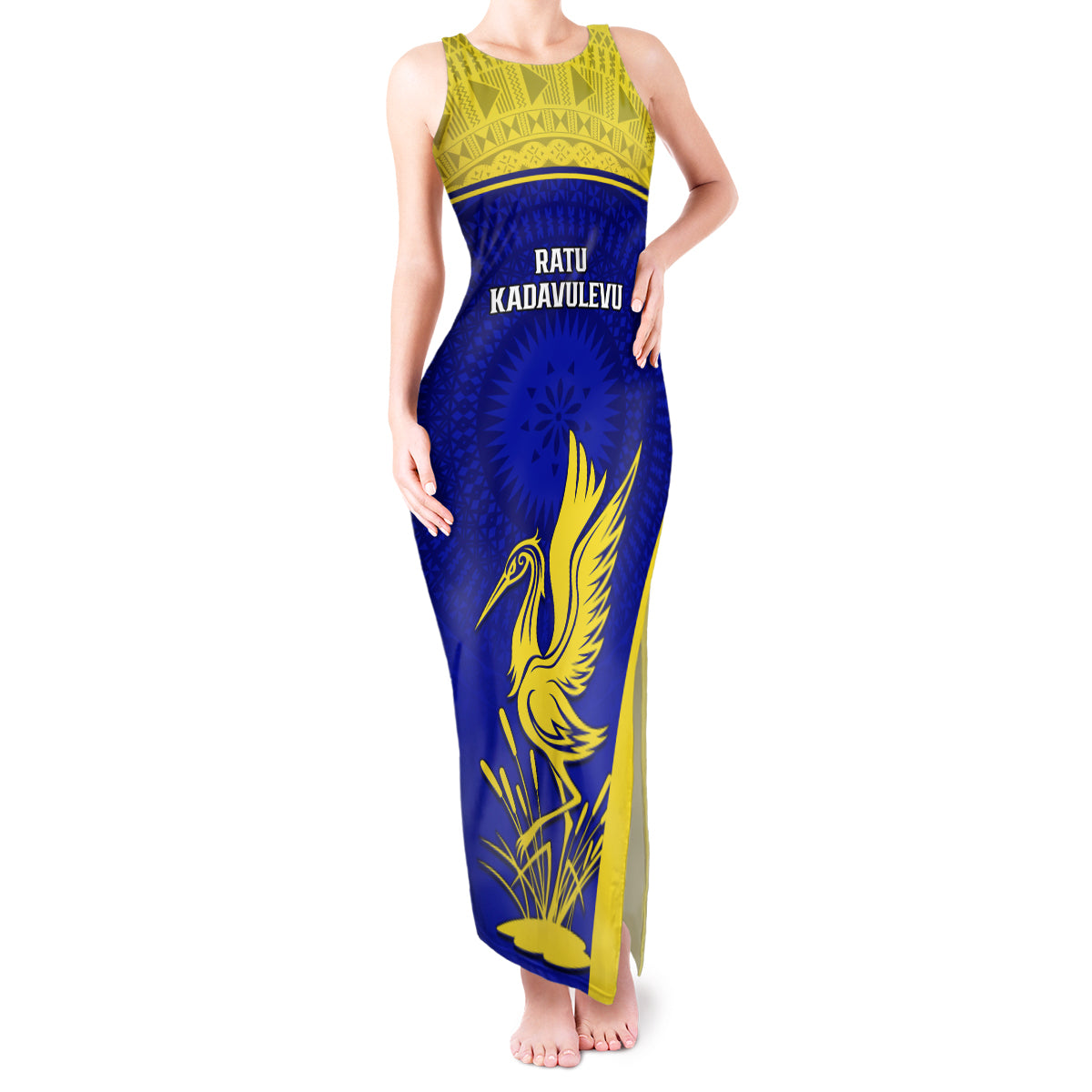 Custom Fiji School Tank Maxi Dress Ratu Kadavulevu Heron With Fijian Tapa LT14 Women Gold - Polynesian Pride