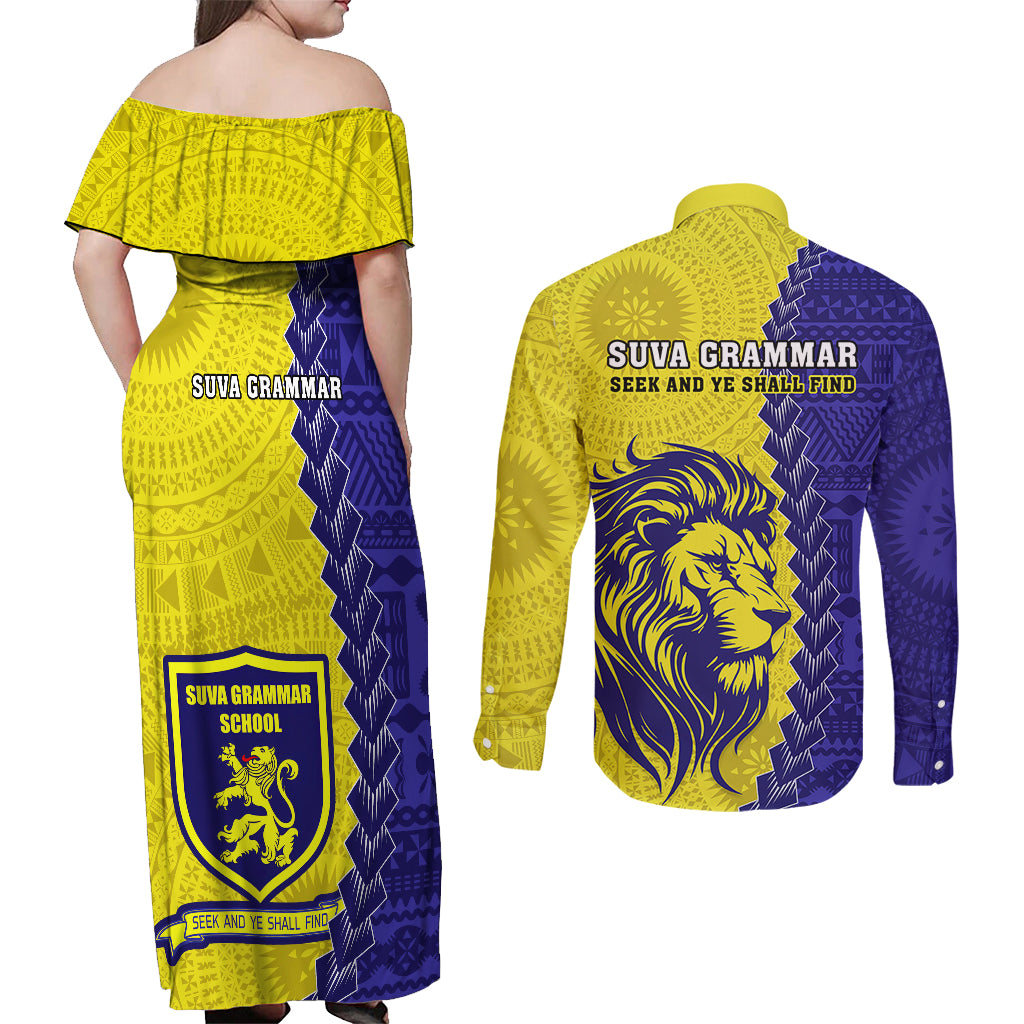 Fiji School Couples Matching Off Shoulder Maxi Dress and Long Sleeve Button Shirts Suva Grammar Lions With Fijian Tapa LT14 - Polynesian Pride