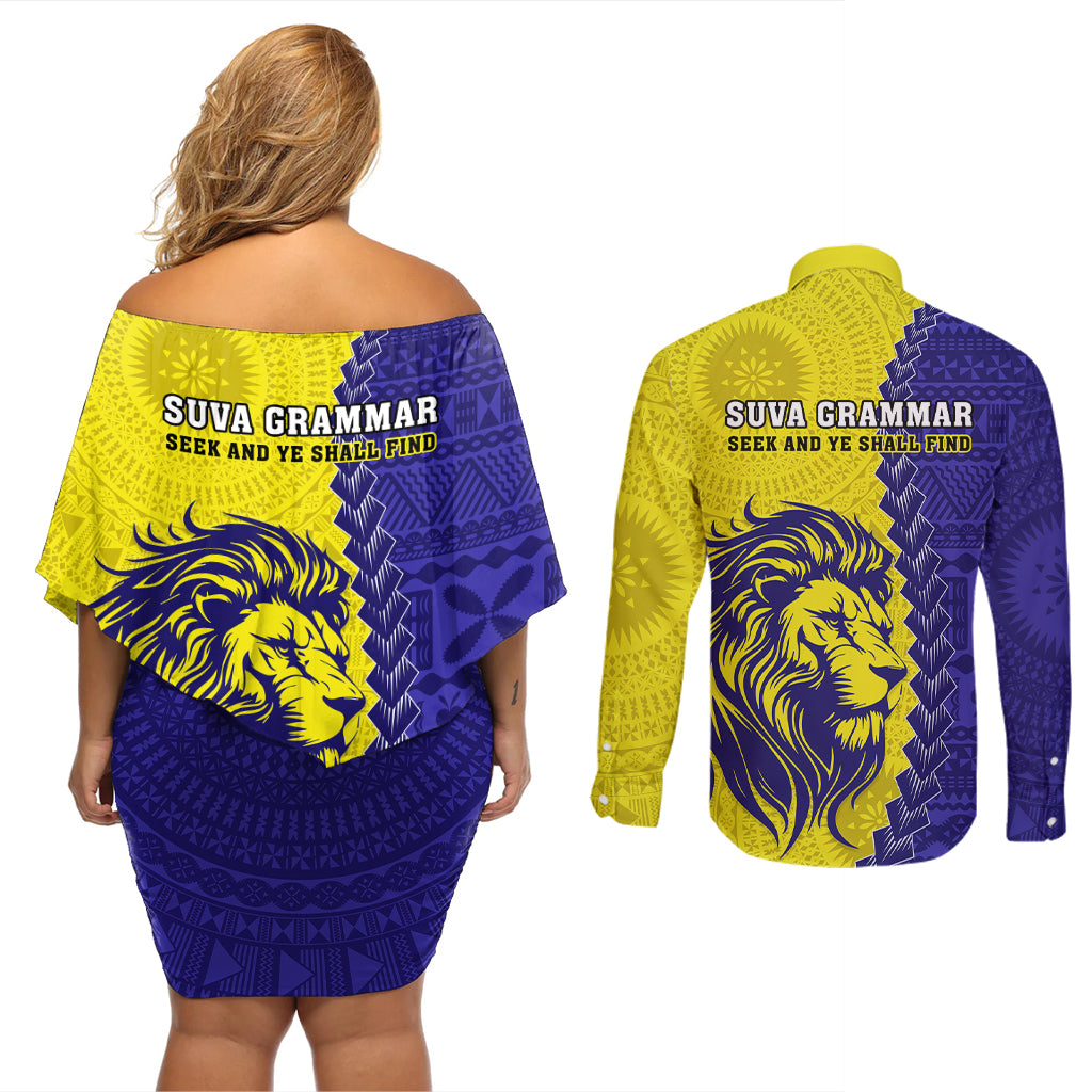 Fiji School Couples Matching Off Shoulder Short Dress and Long Sleeve Button Shirts Suva Grammar Lions With Fijian Tapa LT14 - Polynesian Pride