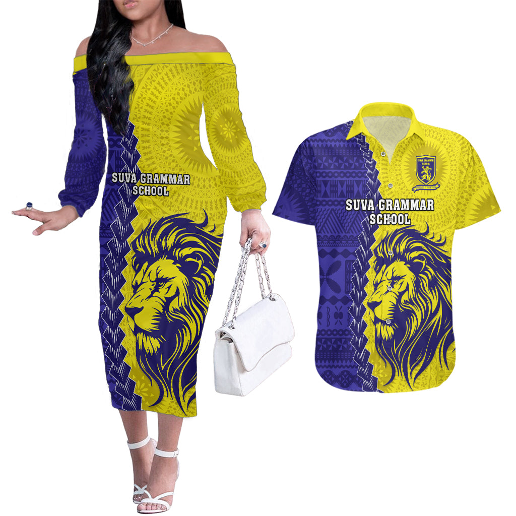 Fiji School Couples Matching Off The Shoulder Long Sleeve Dress and Hawaiian Shirt Suva Grammar Lions With Fijian Tapa LT14 Gold - Polynesian Pride