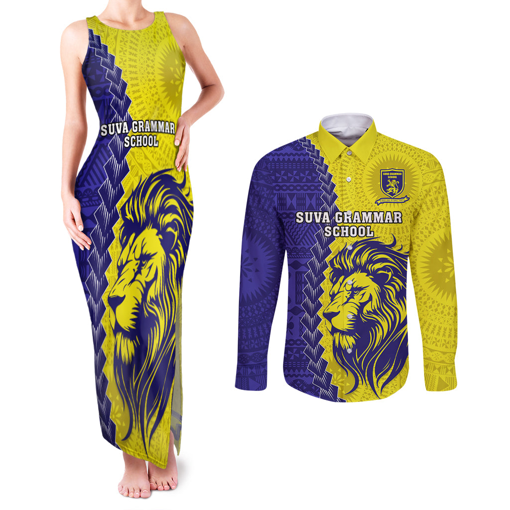 Fiji School Couples Matching Tank Maxi Dress and Long Sleeve Button Shirts Suva Grammar Lions With Fijian Tapa LT14 Gold - Polynesian Pride