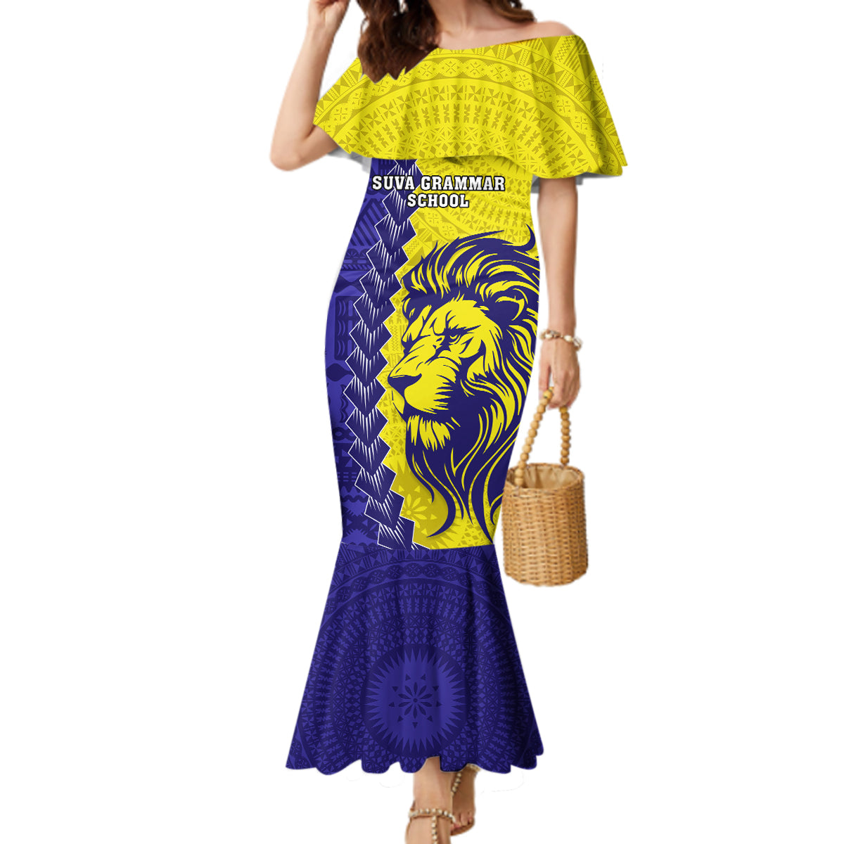 Fiji School Mermaid Dress Suva Grammar Lions With Fijian Tapa LT14 Women Gold - Polynesian Pride