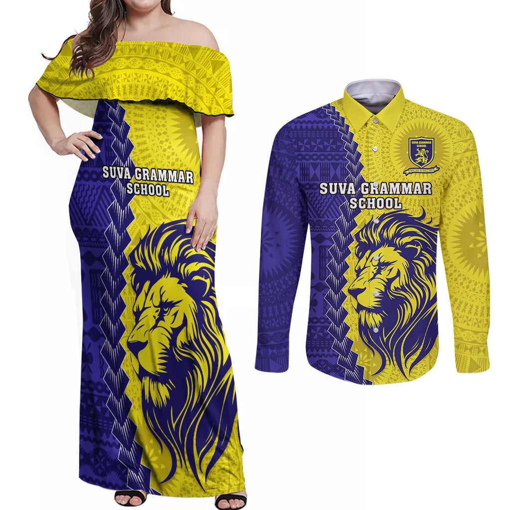 Custom Fiji School Couples Matching Off Shoulder Maxi Dress and Long Sleeve Button Shirts Suva Grammar Lions With Fijian Tapa LT14 Gold - Polynesian Pride