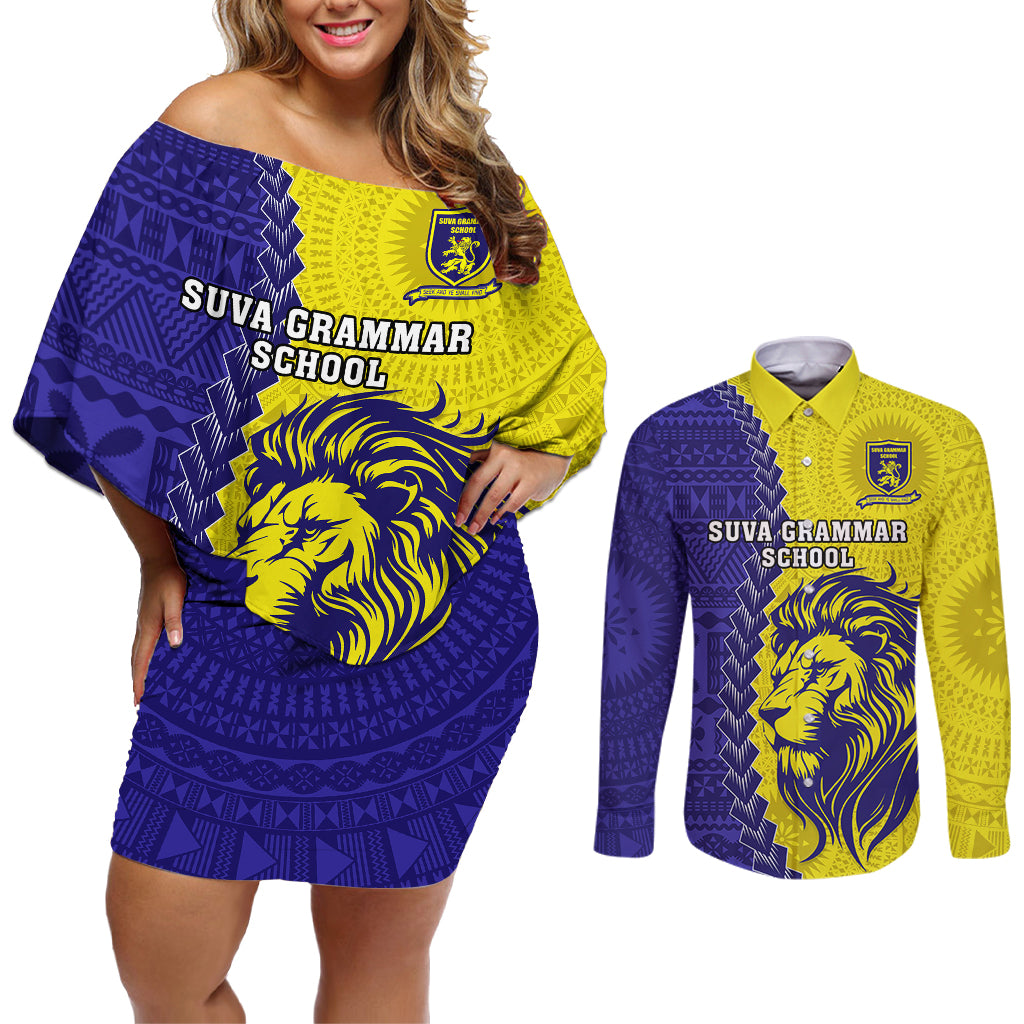 Custom Fiji School Couples Matching Off Shoulder Short Dress and Long Sleeve Button Shirts Suva Grammar Lions With Fijian Tapa LT14 Gold - Polynesian Pride