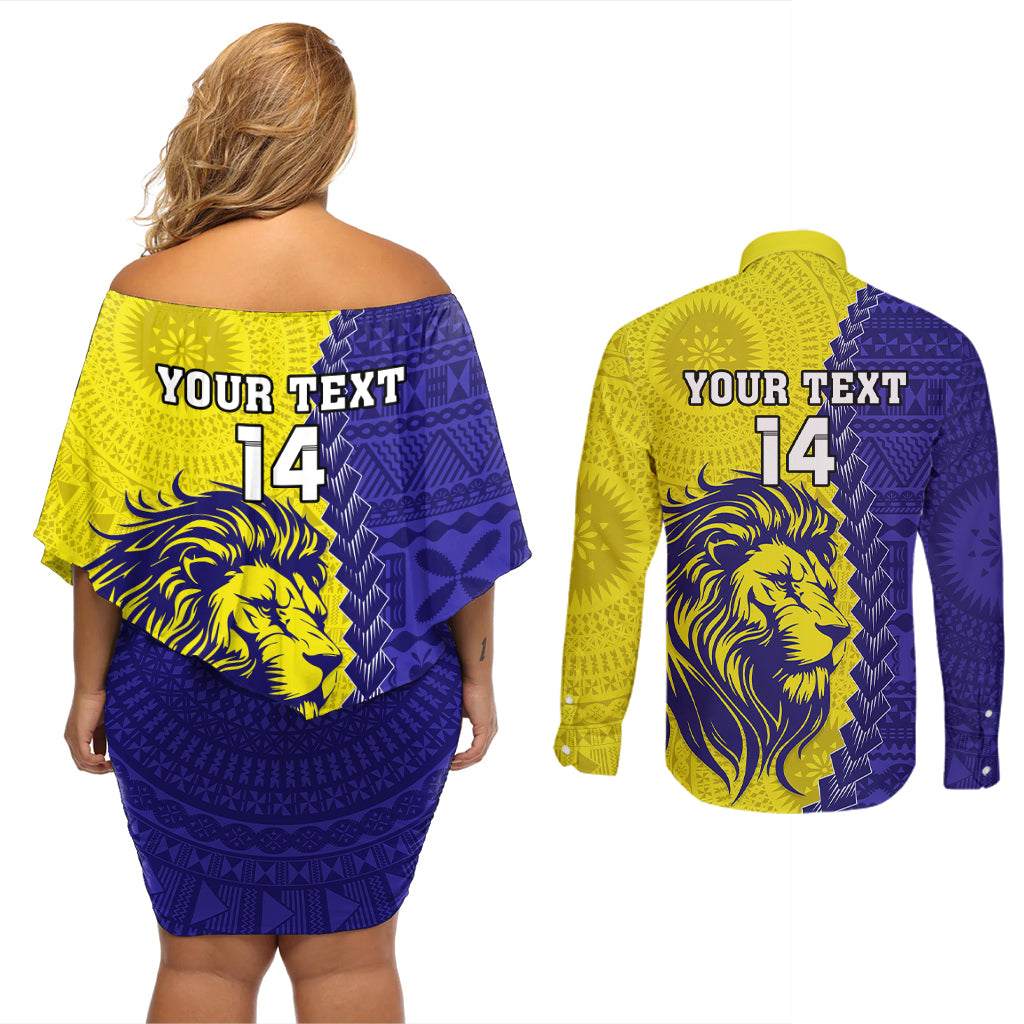 Custom Fiji School Couples Matching Off Shoulder Short Dress and Long Sleeve Button Shirts Suva Grammar Lions With Fijian Tapa LT14 - Polynesian Pride