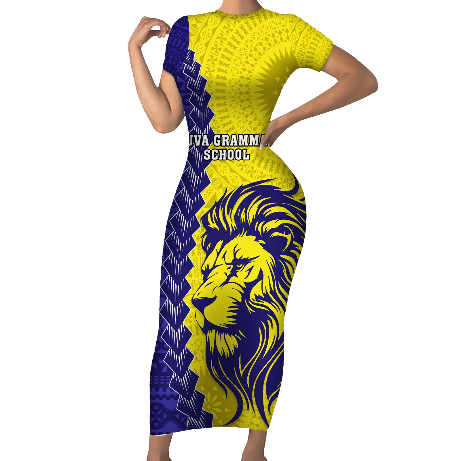 Custom Fiji School Short Sleeve Bodycon Dress Suva Grammar Lions With Fijian Tapa LT14 Long Dress Gold - Polynesian Pride