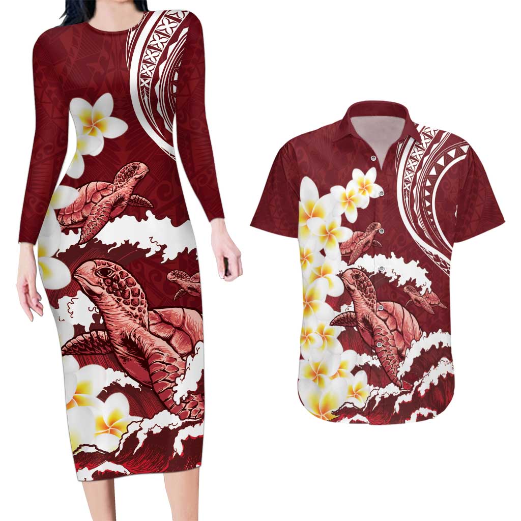 Blood Gold Polynesia Couples Matching Long Sleeve Bodycon Dress and Hawaiian Shirt Polynesian Frangipani With Sea Turtles