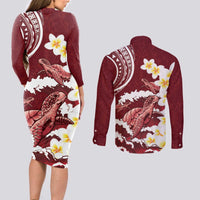 Blood Gold Polynesia Couples Matching Long Sleeve Bodycon Dress and Long Sleeve Button Shirt Polynesian Frangipani With Sea Turtles