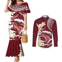 Blood Gold Polynesia Couples Matching Mermaid Dress and Long Sleeve Button Shirt Polynesian Frangipani With Sea Turtles