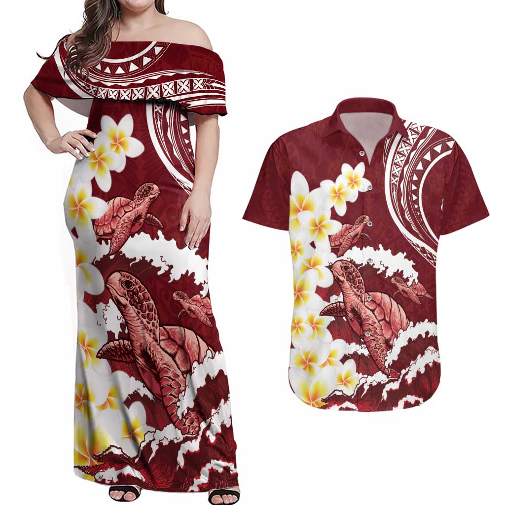 Blood Gold Polynesia Couples Matching Off Shoulder Maxi Dress and Hawaiian Shirt Polynesian Frangipani With Sea Turtles