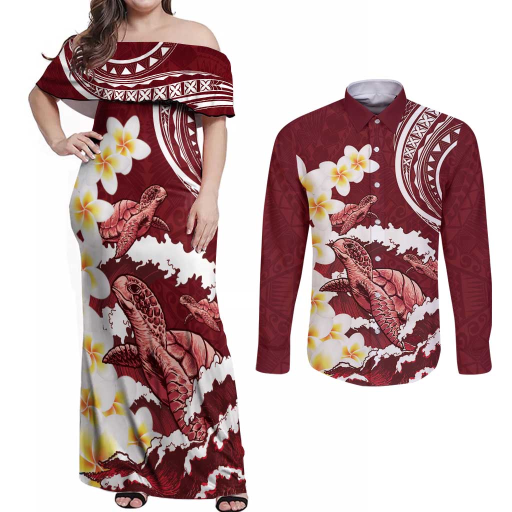 Blood Gold Polynesia Couples Matching Off Shoulder Maxi Dress and Long Sleeve Button Shirt Polynesian Frangipani With Sea Turtles