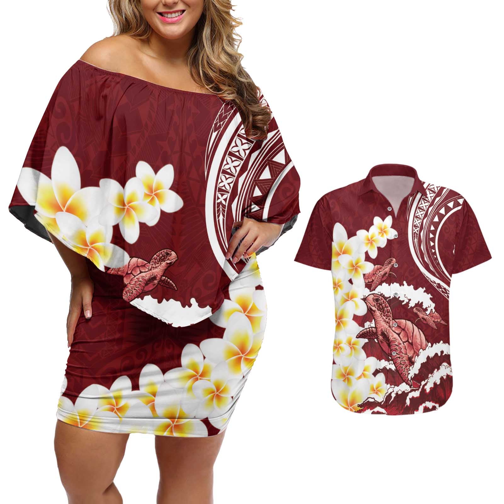 Blood Gold Polynesia Couples Matching Off Shoulder Short Dress and Hawaiian Shirt Polynesian Frangipani With Sea Turtles