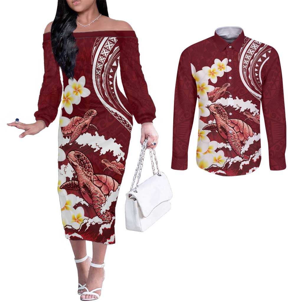 Blood Gold Polynesia Couples Matching Off The Shoulder Long Sleeve Dress and Long Sleeve Button Shirt Polynesian Frangipani With Sea Turtles