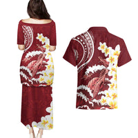 Blood Gold Polynesia Couples Matching Puletasi and Hawaiian Shirt Polynesian Frangipani With Sea Turtles