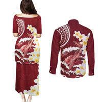 Blood Gold Polynesia Couples Matching Puletasi and Long Sleeve Button Shirt Polynesian Frangipani With Sea Turtles
