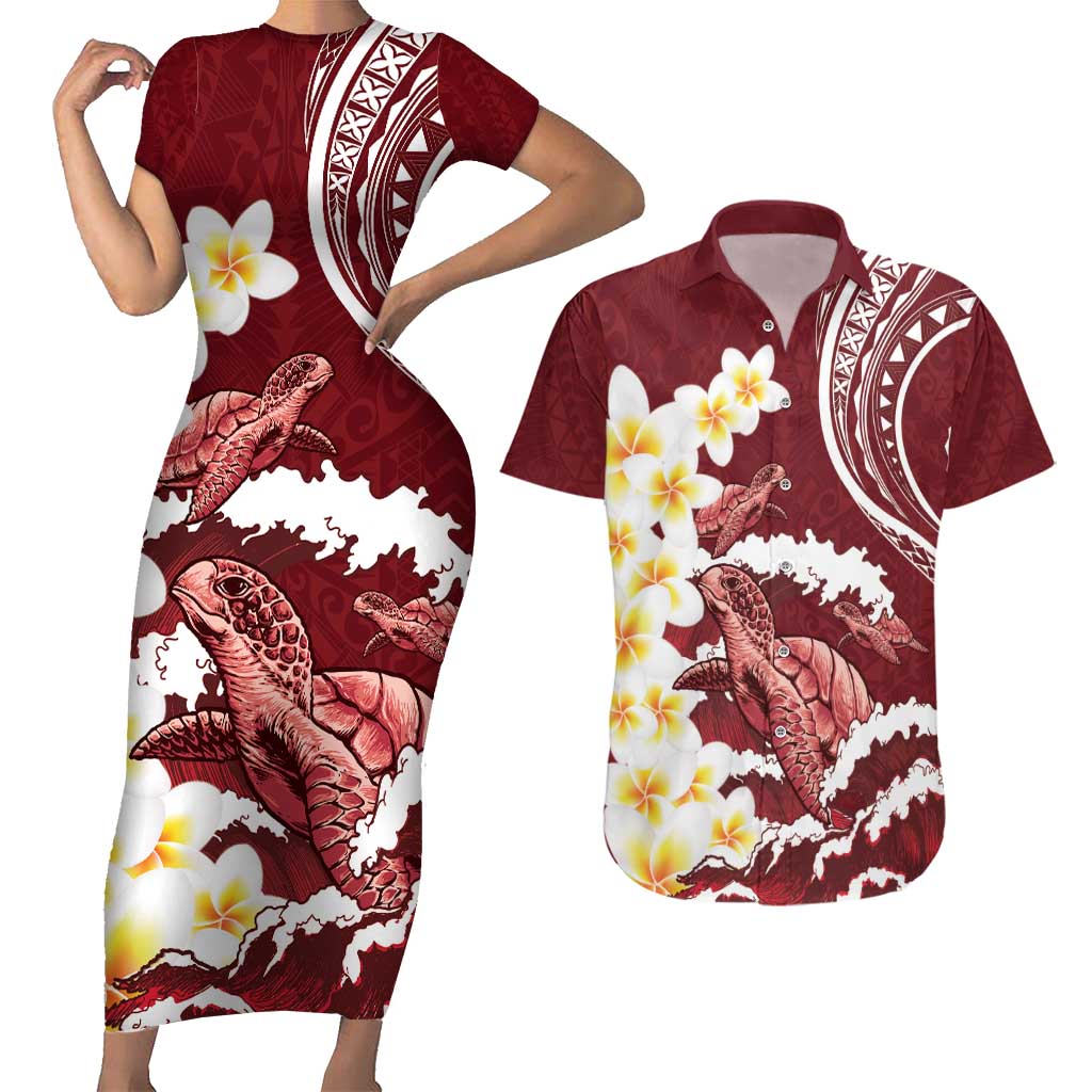 Blood Gold Polynesia Couples Matching Short Sleeve Bodycon Dress and Hawaiian Shirt Polynesian Frangipani With Sea Turtles