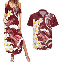 Blood Gold Polynesia Couples Matching Summer Maxi Dress and Hawaiian Shirt Polynesian Frangipani With Sea Turtles