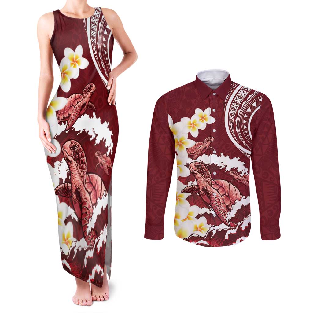Blood Gold Polynesia Couples Matching Tank Maxi Dress and Long Sleeve Button Shirt Polynesian Frangipani With Sea Turtles