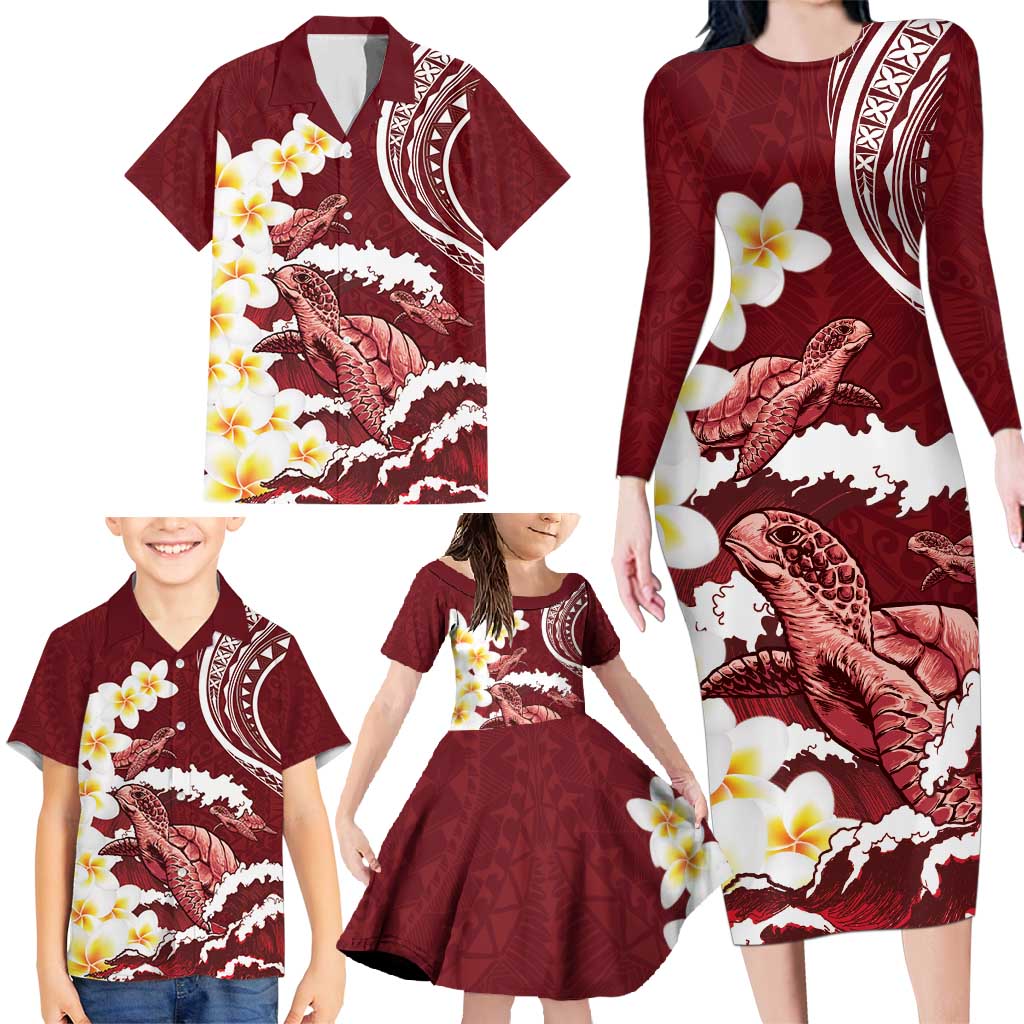 Blood Gold Polynesia Family Matching Long Sleeve Bodycon Dress and Hawaiian Shirt Polynesian Frangipani With Sea Turtles