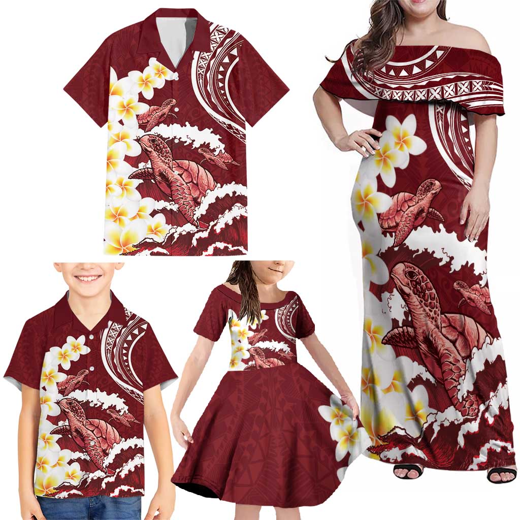 Blood Gold Polynesia Family Matching Off Shoulder Maxi Dress and Hawaiian Shirt Polynesian Frangipani With Sea Turtles