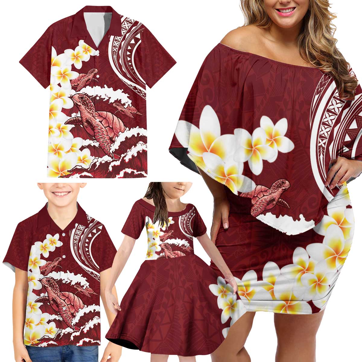 Blood Gold Polynesia Family Matching Off Shoulder Short Dress and Hawaiian Shirt Polynesian Frangipani With Sea Turtles