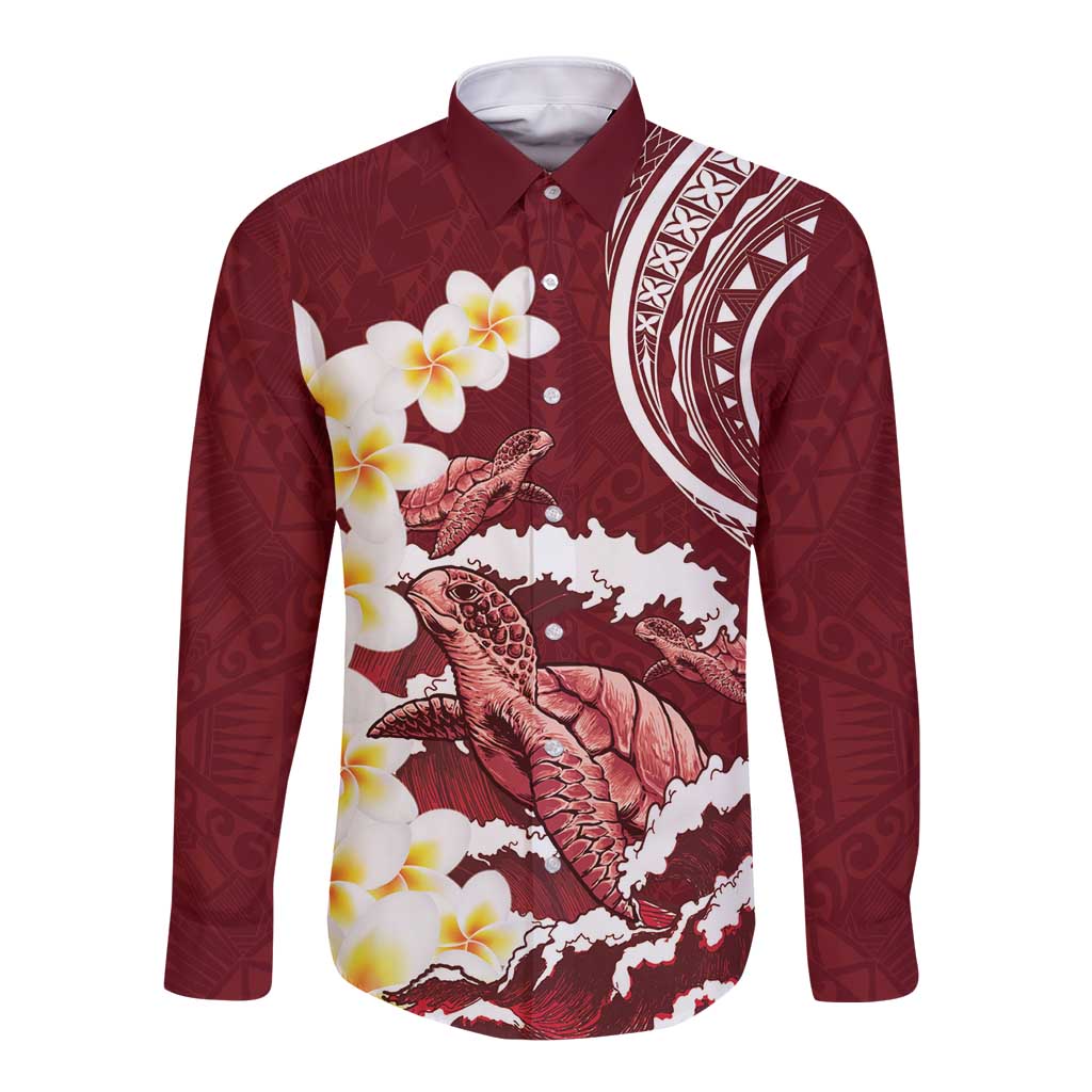 Blood Gold Polynesia Long Sleeve Button Shirt Polynesian Frangipani With Sea Turtles