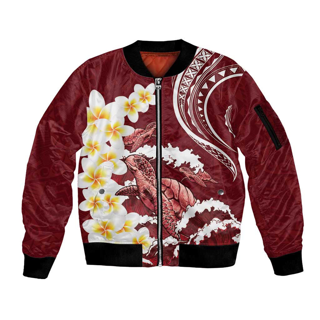 Blood Gold Polynesia Sleeve Zip Bomber Jacket Polynesian Frangipani With Sea Turtles