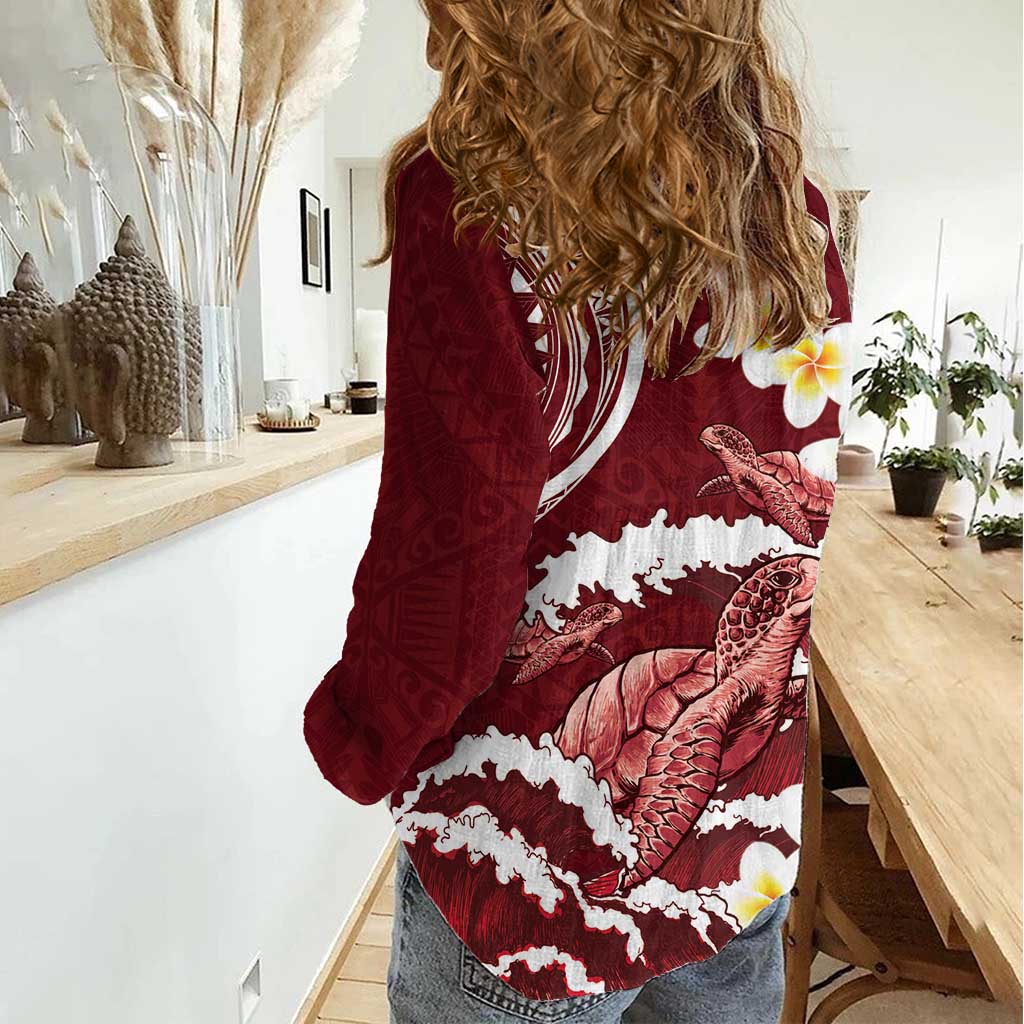 Blood Gold Polynesia Women Casual Shirt Polynesian Frangipani With Sea Turtles