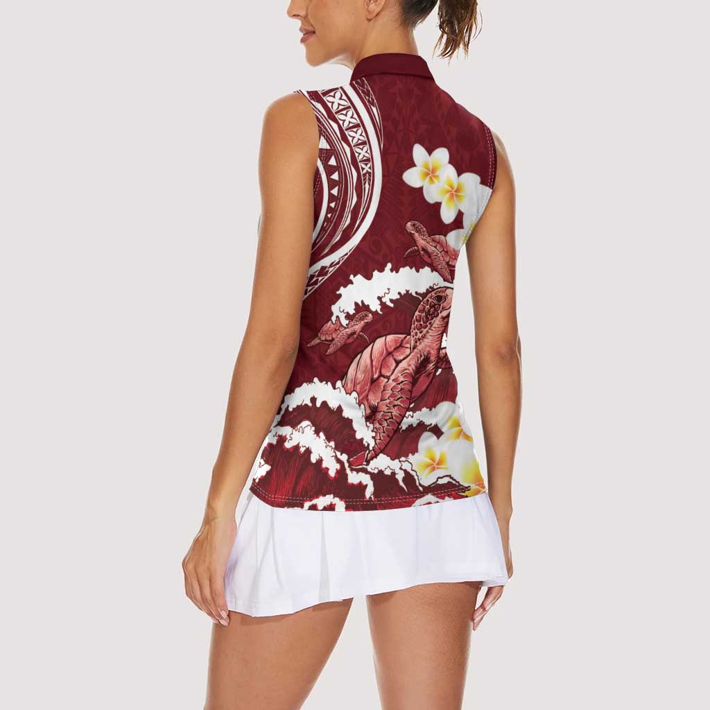 Blood Gold Polynesia Women Sleeveless Polo Shirt Polynesian Frangipani With Sea Turtles
