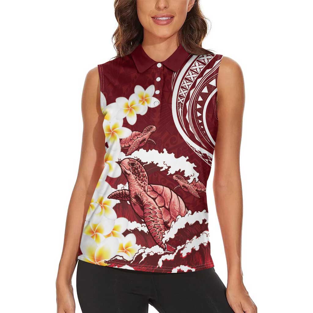 Blood Gold Polynesia Women Sleeveless Polo Shirt Polynesian Frangipani With Sea Turtles