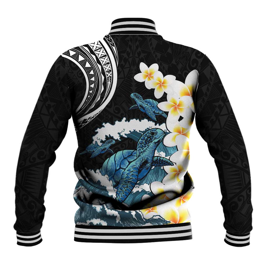 Black Polynesia Baseball Jacket Polynesian Frangipani With Sea Turtles