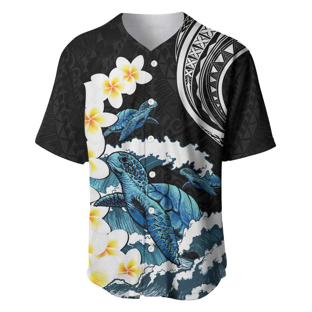 Black Polynesia Baseball Jersey Polynesian Frangipani With Sea Turtles