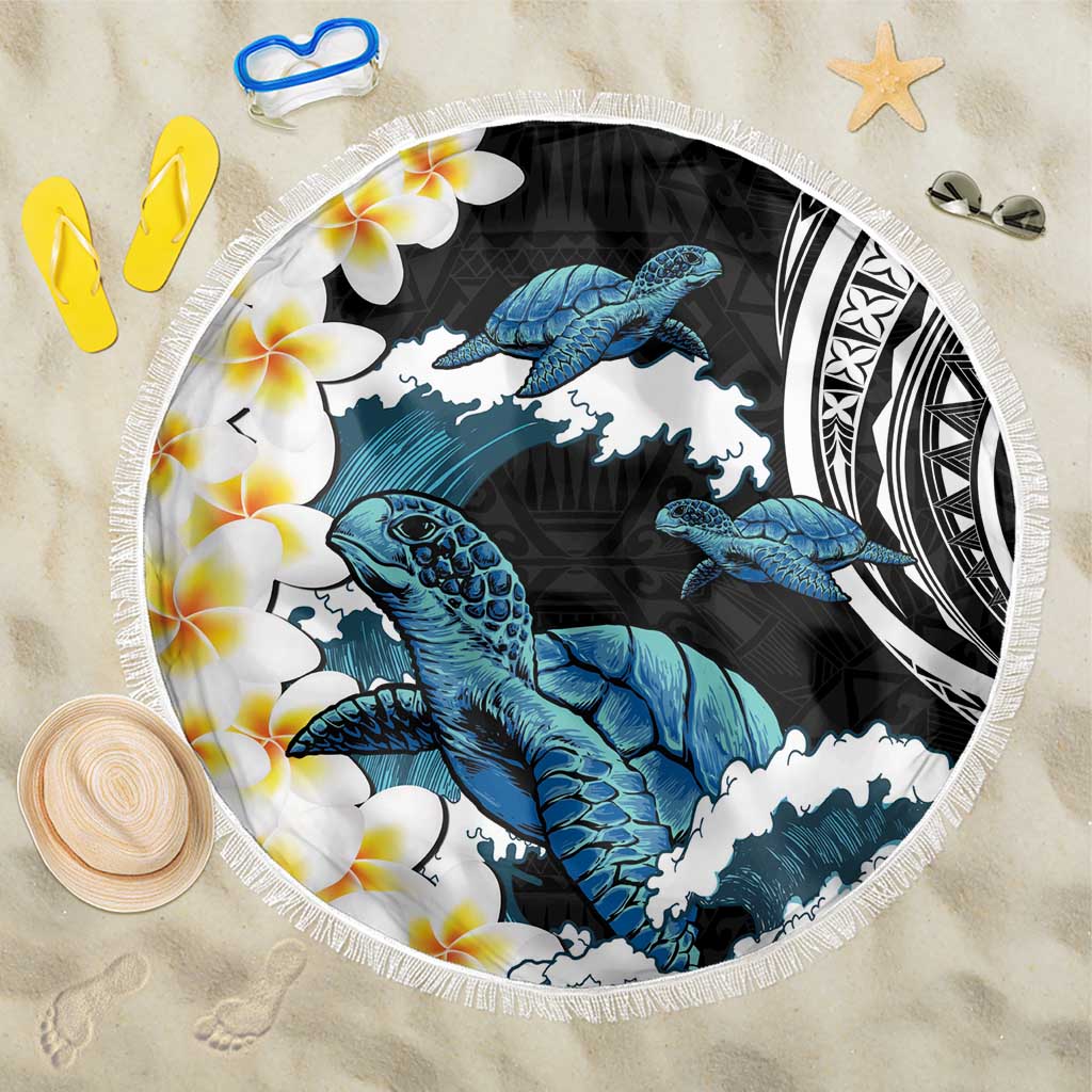 Black Polynesia Beach Blanket Polynesian Frangipani With Sea Turtles