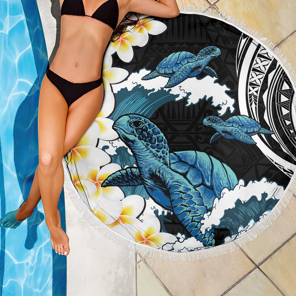 Black Polynesia Beach Blanket Polynesian Frangipani With Sea Turtles