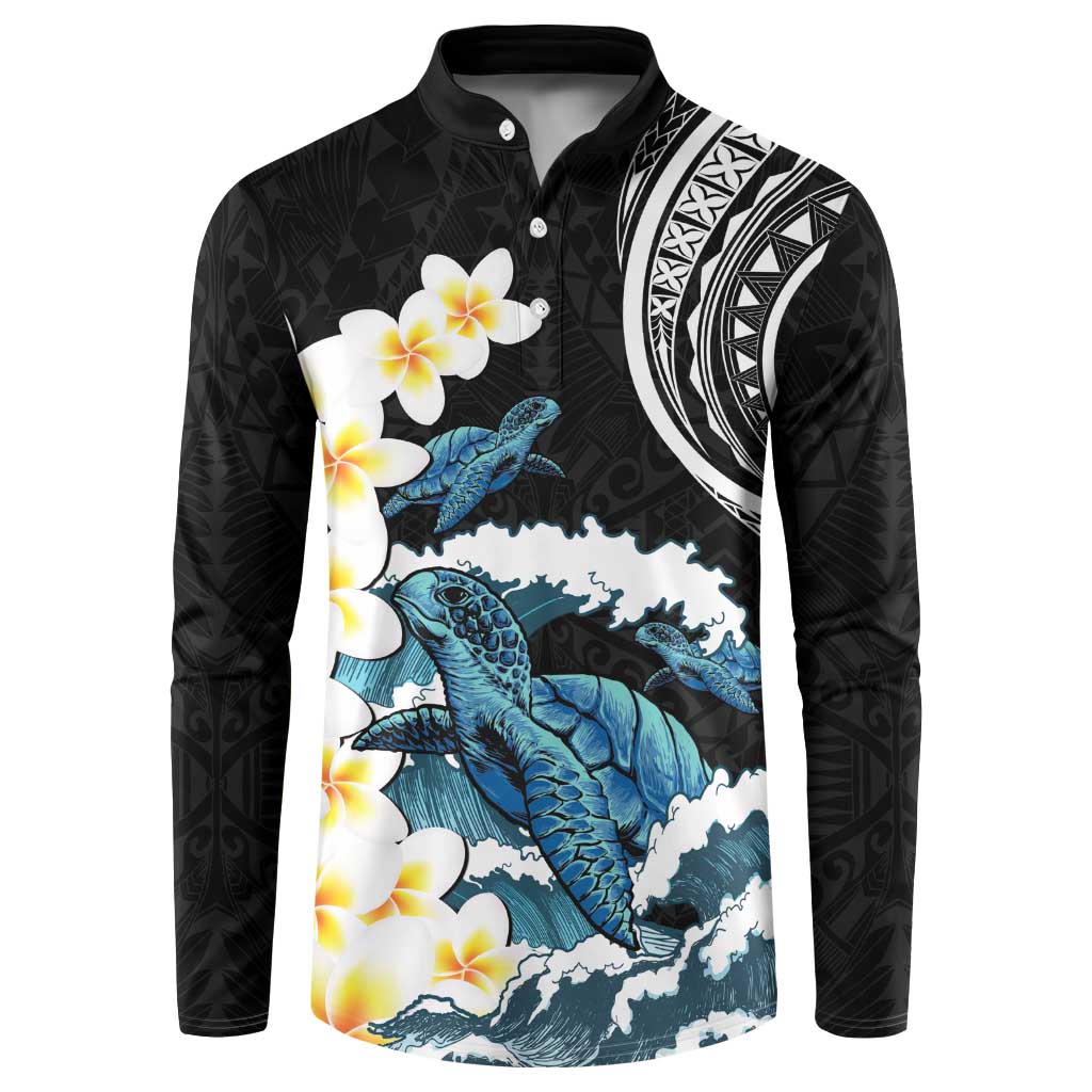 Black Polynesia Button Sweatshirt Polynesian Frangipani With Sea Turtles