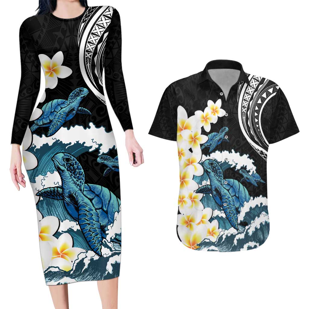 Black Polynesia Couples Matching Long Sleeve Bodycon Dress and Hawaiian Shirt Polynesian Frangipani With Sea Turtles