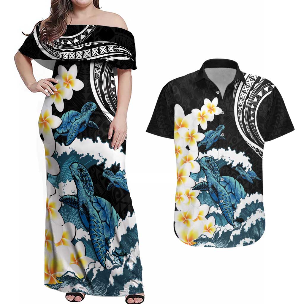 Black Polynesia Couples Matching Off Shoulder Maxi Dress and Hawaiian Shirt Polynesian Frangipani With Sea Turtles