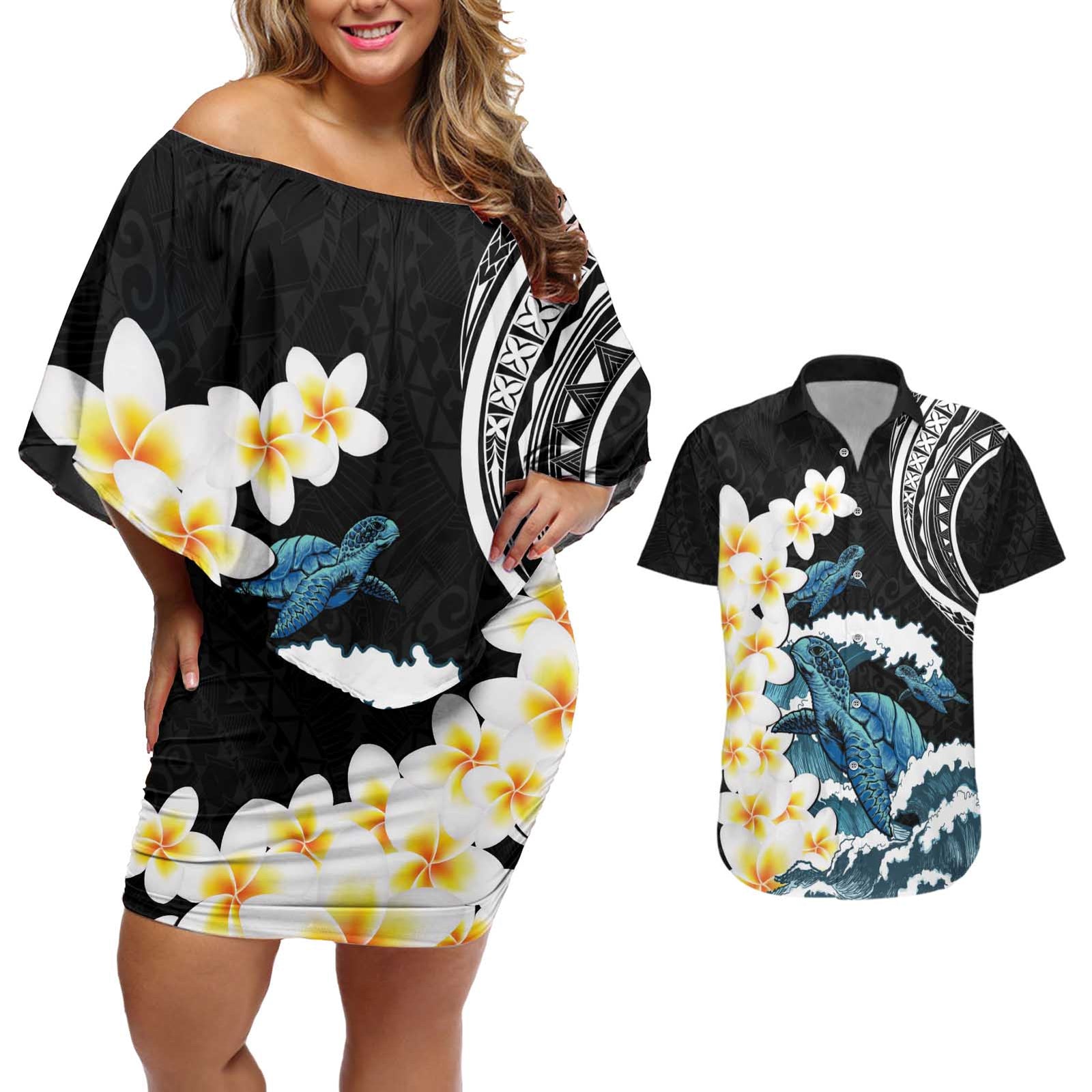 Black Polynesia Couples Matching Off Shoulder Short Dress and Hawaiian Shirt Polynesian Frangipani With Sea Turtles