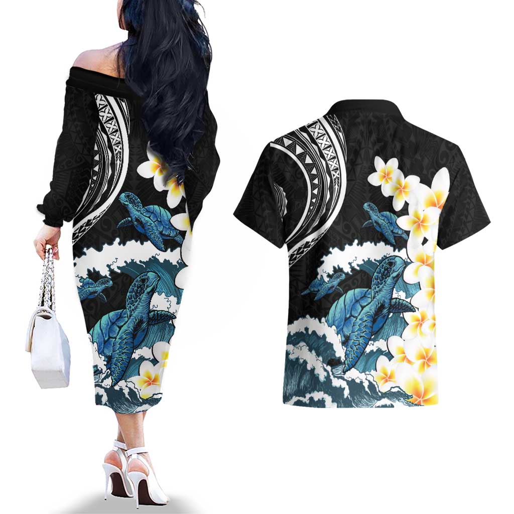 Black Polynesia Couples Matching Off The Shoulder Long Sleeve Dress and Hawaiian Shirt Polynesian Frangipani With Sea Turtles