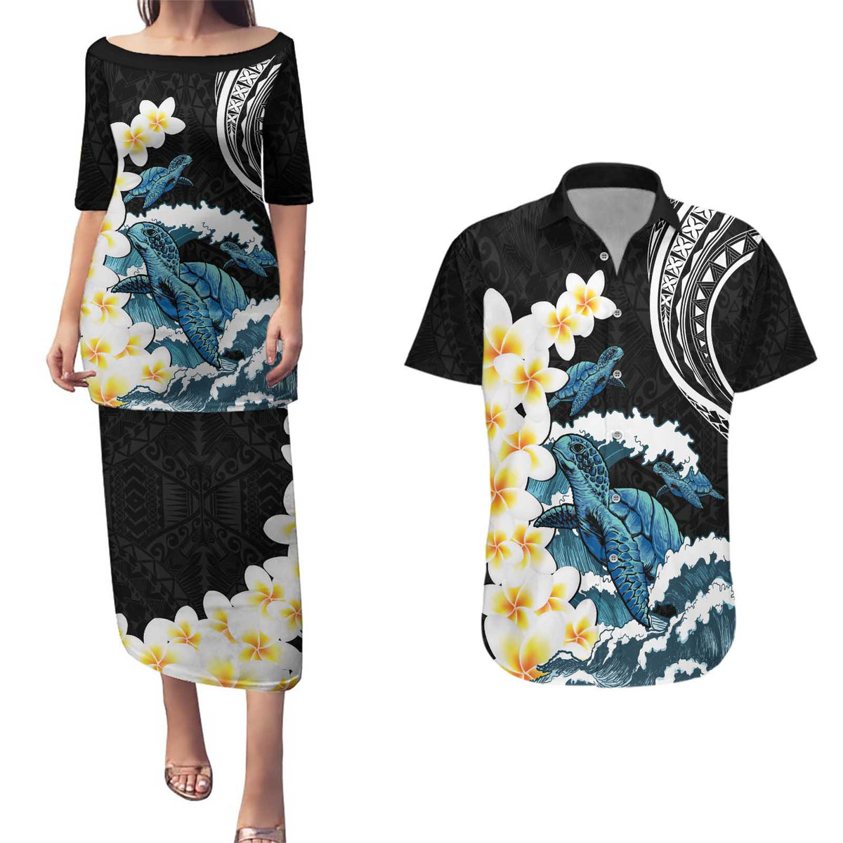 Black Polynesia Couples Matching Puletasi and Hawaiian Shirt Polynesian Frangipani With Sea Turtles