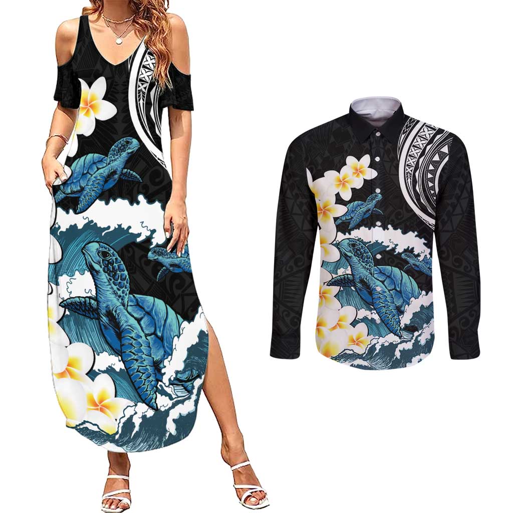 Black Polynesia Couples Matching Summer Maxi Dress and Long Sleeve Button Shirt Polynesian Frangipani With Sea Turtles
