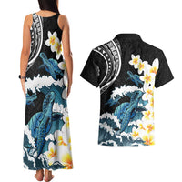 Black Polynesia Couples Matching Tank Maxi Dress and Hawaiian Shirt Polynesian Frangipani With Sea Turtles