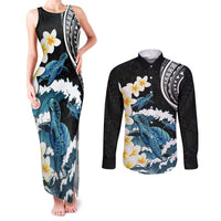 Black Polynesia Couples Matching Tank Maxi Dress and Long Sleeve Button Shirt Polynesian Frangipani With Sea Turtles