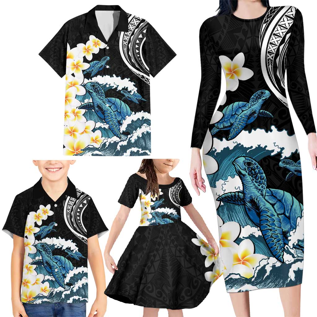 Black Polynesia Family Matching Long Sleeve Bodycon Dress and Hawaiian Shirt Polynesian Frangipani With Sea Turtles