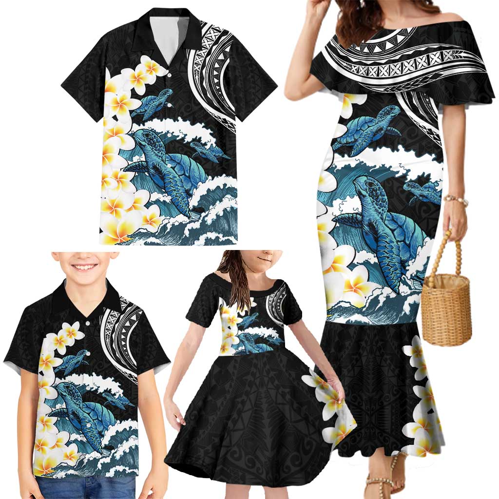 Black Polynesia Family Matching Mermaid Dress and Hawaiian Shirt Polynesian Frangipani With Sea Turtles