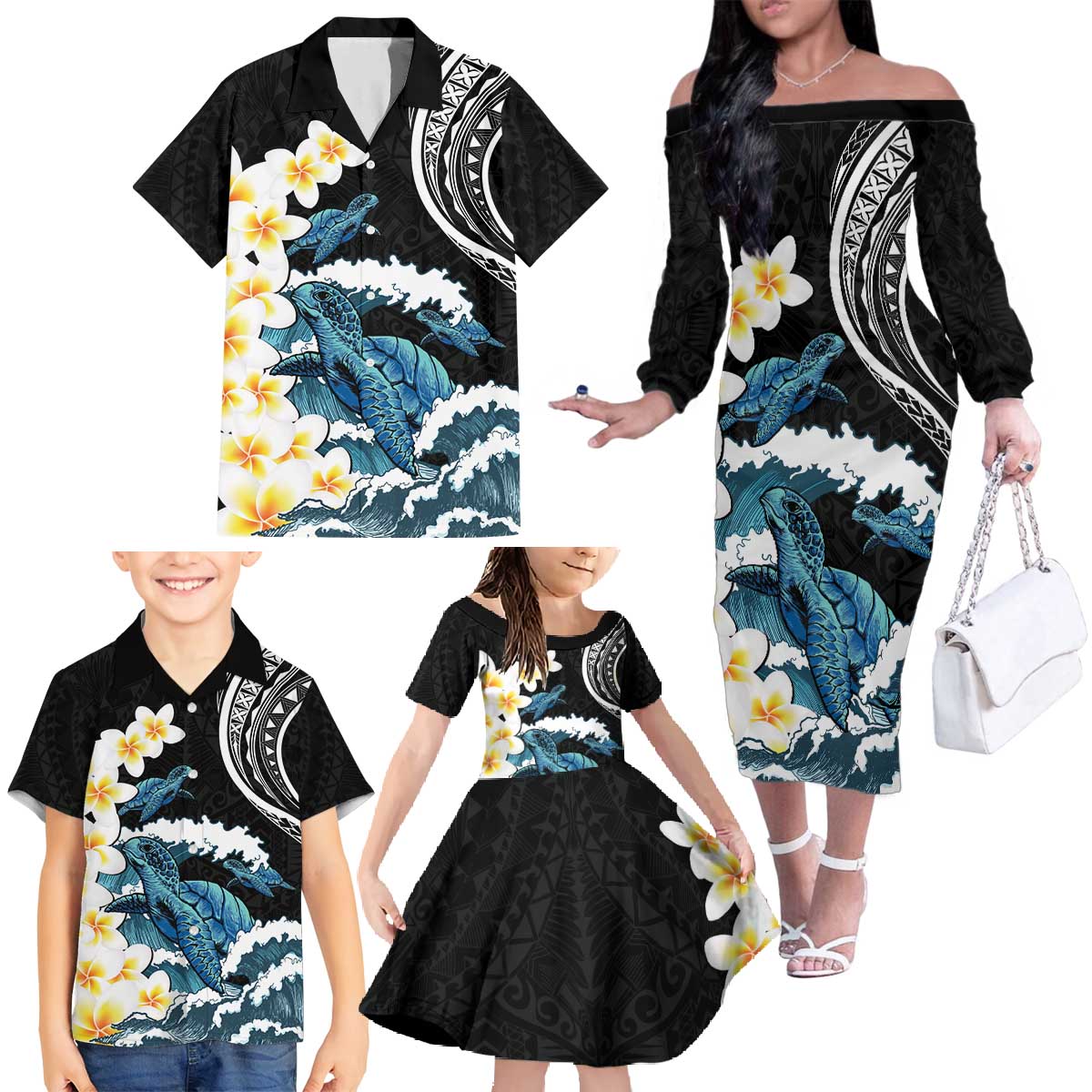 Black Polynesia Family Matching Off The Shoulder Long Sleeve Dress and Hawaiian Shirt Polynesian Frangipani With Sea Turtles