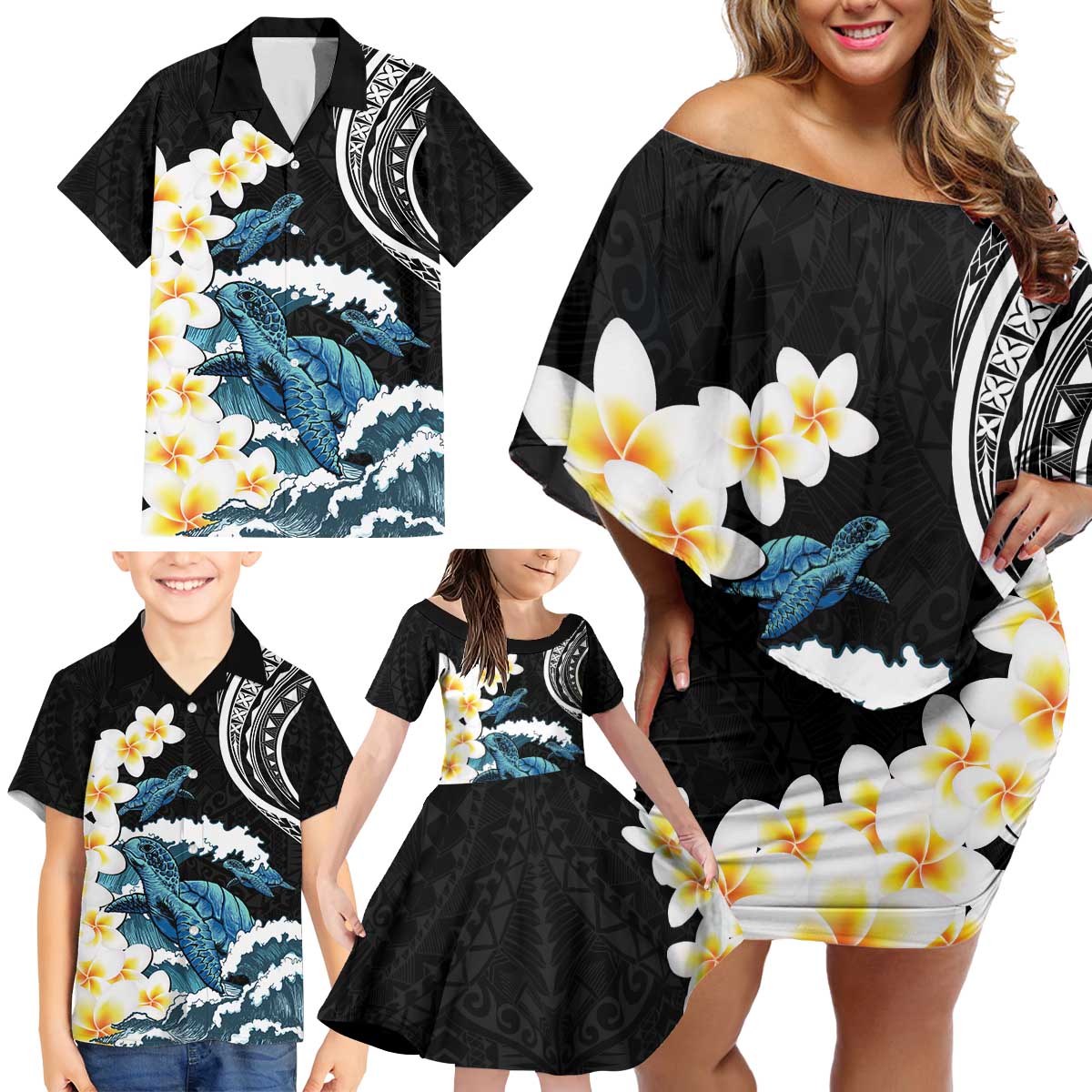 Black Polynesia Family Matching Off Shoulder Short Dress and Hawaiian Shirt Polynesian Frangipani With Sea Turtles