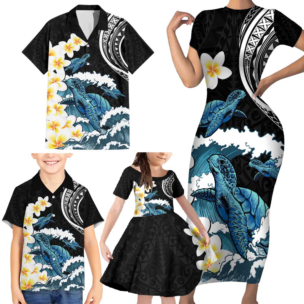 Black Polynesia Family Matching Short Sleeve Bodycon Dress and Hawaiian Shirt Polynesian Frangipani With Sea Turtles