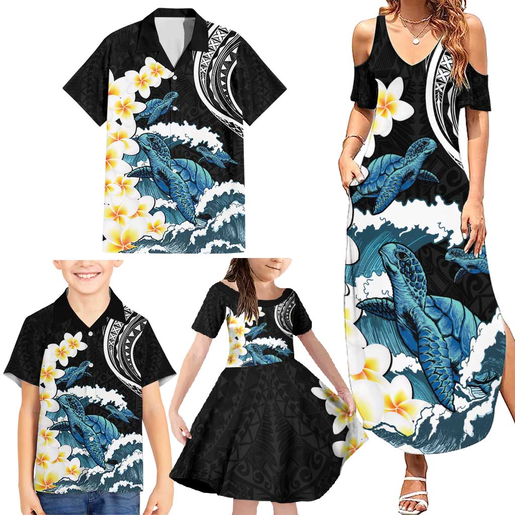 Black Polynesia Family Matching Summer Maxi Dress and Hawaiian Shirt Polynesian Frangipani With Sea Turtles